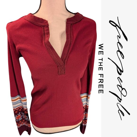 Free People Crochet Sleeves Waffle V- Neck Long Sleeved Shirt - Picture 2 of 5